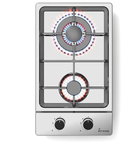 KKT KOLBE Gaskochfeld G302ED, 29 cm | autark, 4,4 kW, 2 Brenner, Wok-Zone, rahmenlos, Knebelbedienung, gusseiserne Topfträger, Edelstahl, Propangas, Erdgas