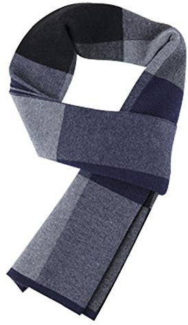 WANYING 6% Laine Homme Echarpe Tricotée Easy Chic Gentleman pour Automne Hiver - 180 × 30 cm À Carreaux Bleu foncé & Gris