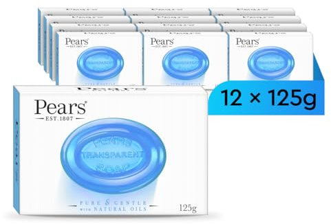 Pears Pure & Gentle Transparent Natural Soap Bar - Made with Mint Extracts, Nourishing and Refreshing Bathing Cleanser, Gentle & Soothing Skin Care, Pure Transparency, Pack of 12 x 125g