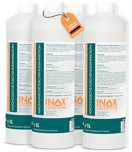 INOX® alkoholisches Flächendesinfektionsmittel 4 x 1L - Hochwirksame Flächendesinfektion mit Alkohol - Ideales Desinfektionsmittel für alle glatten Oberflächen