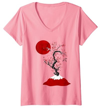 Femme Amoureux des Fleurs Rouges du Cerisier Japonais T-Shirt avec Col en V