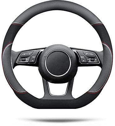 Ergocar D-Form Auto Lenkradbezug Rutschfester Auto Sport Lenkradschutz Mikrofaser Leder mit Atmungsaktives Wildleder für D-Form Lenkrad Durchmesser 38cm (15 ) (Schwarz)