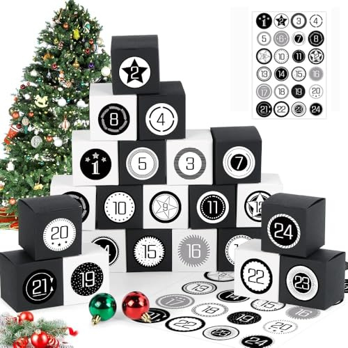 Adventskalender zum Befüllen,24 Schachteln zum Befüllen, DIY Adventskalender, Adventskalender Geschenkboxen mit Zahlenaufklebern Sterne, Adventskalender zum Selbst Befüllen Schwarz und Weiß