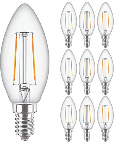 Philips 10 Pack Classic LED Clear Filament Candle B35 Lamp 2W (25W) E14 SES Small Edison Screw 2700k Warm White | 250 Lumen | 15000 Hours | Car Air Freshener Included | 80+ CRI