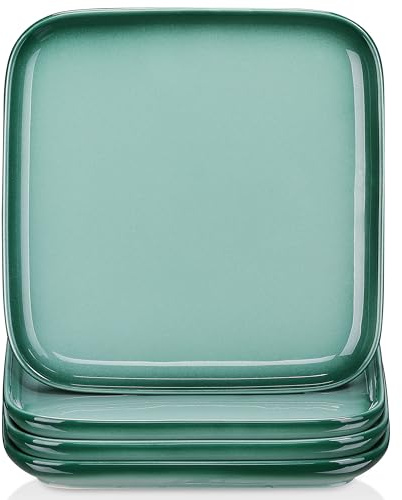 LOVECASA Dessert Plates 18 cm Square Set of 4, Stoneware Modern Style,200 ML / 7 OZ, Dark Green