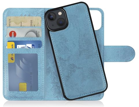 MyGadget Flip-fodral för iPhone 14 - [avtagbart magnetfodral] - mobilfodral av konstläder - [flipfodral med kortplats] skyddsfodral i ljusblått