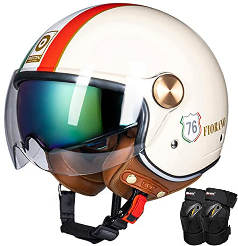 Vintage Motorradhelm mit Doppelvisier und Knee Pads, Frauen Motorrad Jethelm, Offenes Gesicht Helm für Scooter Roller Moped Cruiser Chopper Harley ECE Zertifiziert - Komfort-Innenfutter (Blumen)