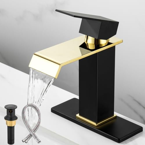 Bathroom Sink Faucet, Black and Gold Color, Waterfall Style, SUS304 Stainless Made, Single-Handle, Deck-Mount Suitable for 1-3-Hole, Drain and Supply Hoses Included