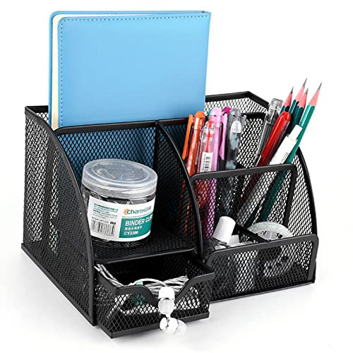 Schreibtisch Organizer,Mesh Metall Stiftehalter Schwarz,Organizer Büro mit Schublade und Stifthalter,Desk Organizer,6 Stifteköcher für Stifte,Hefte,Ordner,Haftnotiz,Stiftebox Schreibtischorganizer