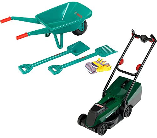 Theo Klein 3052 Bosch 2er Set 4-teiliges Gartenset mit Schubkarre + Rotak Rasenmäher