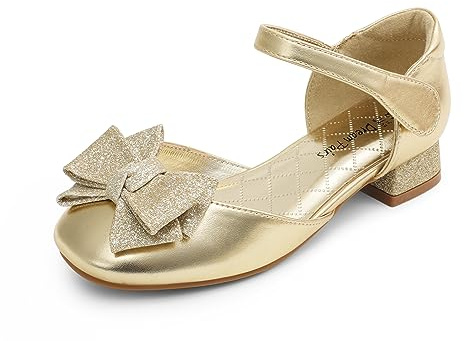 DREAM PAIRS Kids Ballerines Filles à Talon Bloc Confortables Chaussures de Princesse Surmontées d’Un Nœud Scintillant,Size 33.5,Or,SDFL2314K
