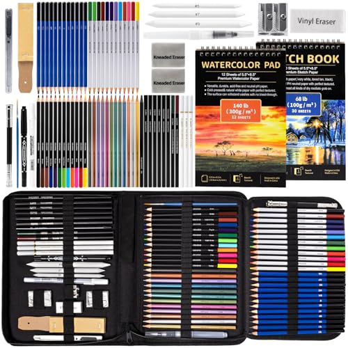 Drawdart 76-teiliges Zeichenset Skizzierset, Pro Art Skizzenzubehör mit Reißverschlussetui, inklusive Farb-, Graphit-, Kohle-, Aquarell- und Metallic-Bleistiften, Künstlerbleistifte für Anfänger und