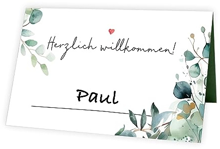TOBJA Tischkarten Hochzeit Eukalyptus Design, 50 Stück | Stilvolle Platzkarten | Herzlich Willkommen Namenskärtchen | Leicht Beschriftbar - Namensschilder