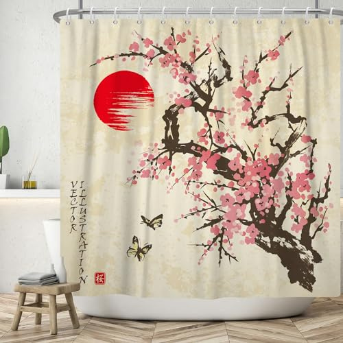 ASDCXZ Cortina de Ducha de Flor de Cerezo 180x180 cm, Japonés Asiático Rosa Flor de Cerezo Sol Mariposa Cortinas de Ducha Lavables Tela de Cortina Ducha de baño Impermeable con 12 Ganchos