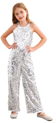 Oyolan Kids Girls Sparkly Jumpsuit Romper Prom Full Sequins Bodysuit Playsuit Birthday Party Outfit Silver 9-10 Years