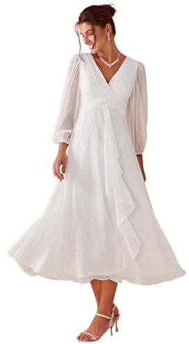 Ever-Pretty Vestido de Noche Largo para Mujer Cuello en V Mangas de Linterna Cintura Imperio Volantes Vestido de Invitados de Boda Blanco 56