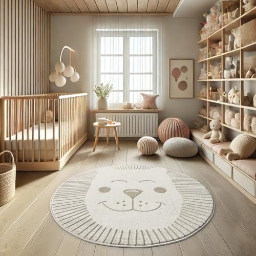 payé Teppich Kinderzimmer Rund - 120x120cm - Pastell Beige Creme - Kurzflor Spielteppich mit niedlichem Löwen Motiv