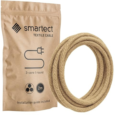 smartect Braided Cable 3 Core (3 x 0.75mm²) Jute, 2 Metres | Vintage Electrical Cable, Fabric Electrical Wire for your DIY Project