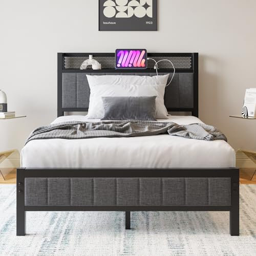 BORPHOM Sängram med laddningsstation, dubbelsäng/enkelsäng, gästsäng, metallsäng, klädsäng, 120 x 200, sängram av metall, ungdomssäng, med ribbotten, sänggavel i grå, för sovrum, gästrum