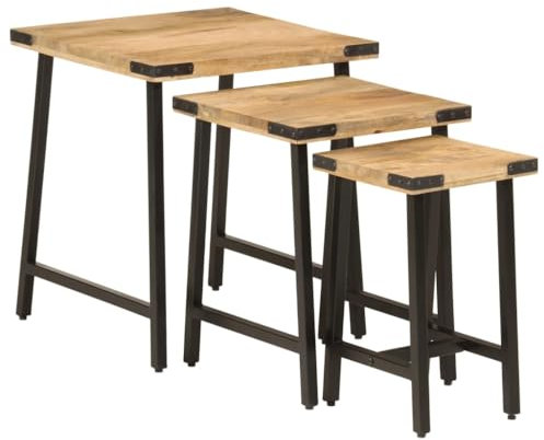 ULUYYUC Coffee Table Nachttische Balkon Tisch Gartenbox - Satztische 3 STK. Massivholz Mango und Eisen für Wohnbereich Schlafzimmer Balkon Garten