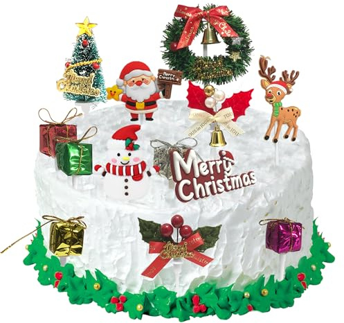 Christmas Cake Topper Merry Christmas Cake Decorations with Craft Christmas Tree Santa Reindeer Snowman Cupcake Decorations for Xmas Party Ornaments Decor Supplies
