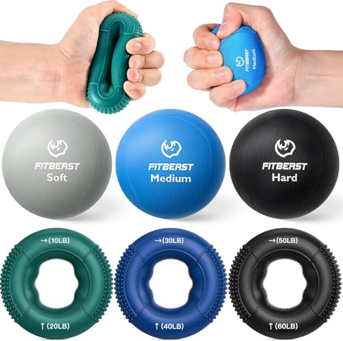 FitBeast Grip Strength Trainer, Finger Exerciser, Stress Balls for Adults 6-Piece Kit, Hand Therapy for Strength, Recovery, Stress Relief, Forearm Strengthener (6-Piece Cool Tones)