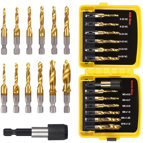 OCR 13PCS Titanium Drill Tap Set, HSS SAE & Metric Drill and Tap Bits with Quick Change Adapter, 3-in-1 Tool for Drilling, Tapping, Countersinking for Metalworking (Yellow)