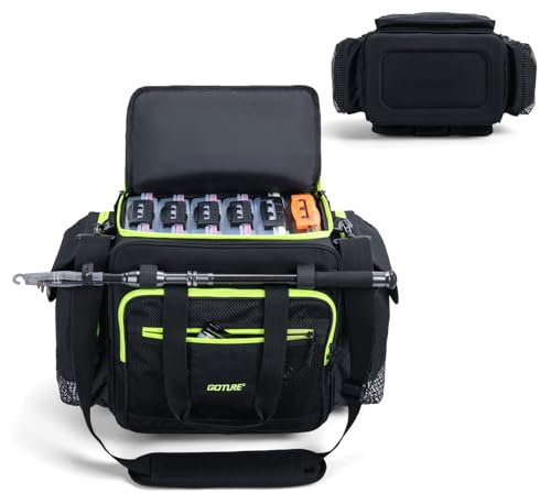Goture Wasserfeste Angeltasche mit IPX5 Eva-Boden, SBS-Reißverschlüssen, Großer Angelzubehör-Rucksack mit Rutenhalter, Tasche für Salzwasser-Angelausrüstung, Umhängetasche für den Außenbereich