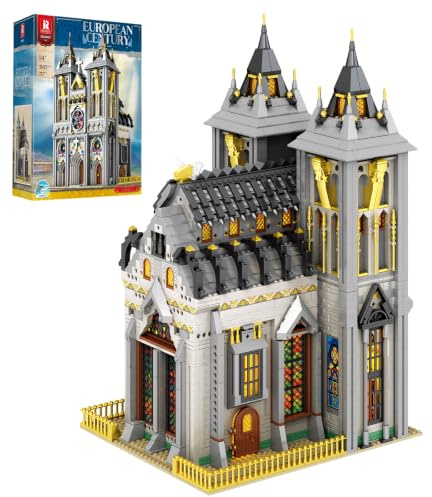 Reobrix Mittelalterliche Kirche Baustein-Set mit Licht, Europäische Architekturgeschichte Modellbausatz 66027, Heimdekoration Bau Ziegelstein Geschenk für Erwachsene Jugendliche 14+ (3183PCS)