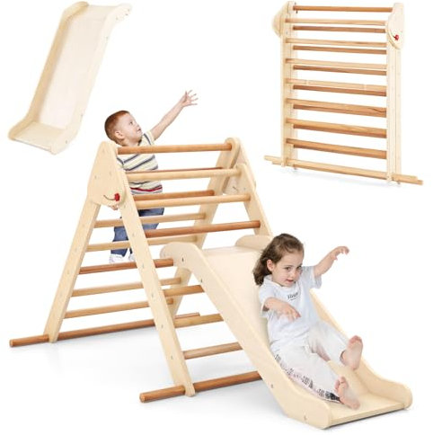 COSTWAY 3 in 1 Arrampicata Giocattolo a Triangolo per Bambini, Set di Arrampicata con Rampa di Scivolo e Inclinazione Regolabile, Arrampicatore per Bambini 1 Anno+ (Stile 2 Naturale)