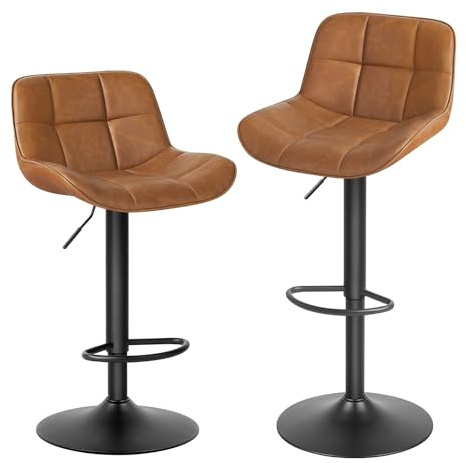 EUGAD Barhocker 2er Set, höhenverstellbar 360° drehbar, Barstuhl mit Rückenlehne Fußstütze, Polsterhocker mit Kunstleder, ergonomischer Hocker im Bar, Sitz 49x36 cm, aus Metall, Braun | 2er-Set, höhenverstellbar, 60-81,5 cm, für Bar und Café, Kunstleder