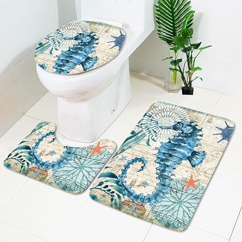 Badezimmerteppich Retro Blaues Seepferdchen WC Vorleger mit Ausschnitt WC Deckelbezug 3 Teiliges WC Teppich rutschfeste Badgarnitur U förmiger Badematte Waschbar Bad Teppiche Set 50x80 cm