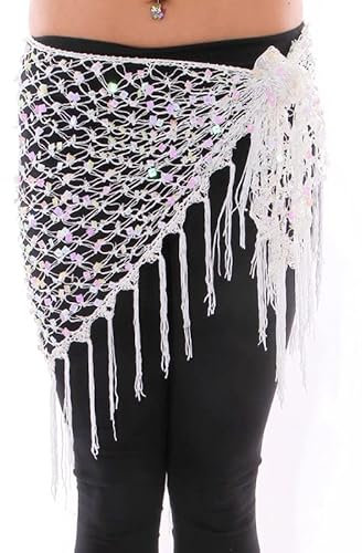WEKONUMEX Bauchtanz-Hüfttuch, Bauchtanz-Zubehör, glänzender Häkelgürtel, Pailletten, Hüfttuch, Quaste, Wraps(White)