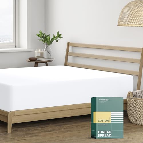 THREAD SPREAD 100% Organic Cotton Percale Weave Fitted Sheet Twin XL Size, White, 1 Deep Pocket Twin XL Fitted Sheet, Fits Mattress Upto 16 Crisp and Cool Bed Linen, Luxury GOTS Certified Sheets