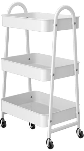 OrderlyGo Metal Storage Trolley - 3 Tier Trolley on Wheels, Kitchen Trolley, Vegetable Rack, Storage Utility Cart, Rolling Storage Rack Trolley for Kitchen Makeup Bathroom Office, White