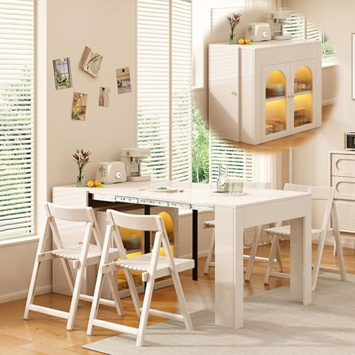 Extendable Dining Table Set mit 4 Stühlen, Wandelbares Sideboard for Wohnzimmer, Wohnung, Küche, 56-167cm Länge Verstellbar, Glastür, Integrierte LED-Beleuchtung