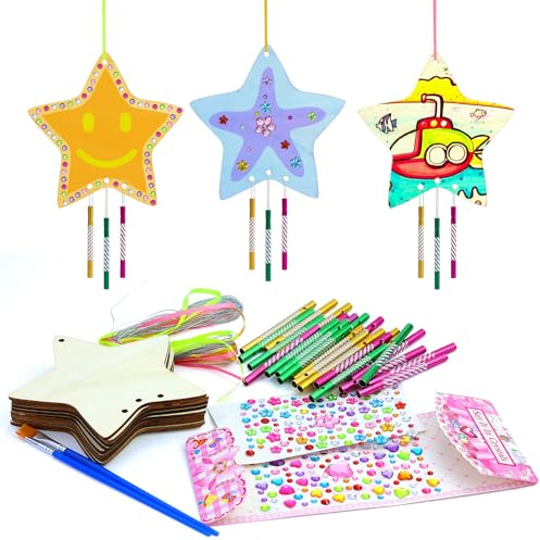 9 Pièce Kit de Bricolage pour Étoile de Noël avec 27 Tubes de Pipe de Sac et Autocollants,Carillons Éoliens En Forme D'étoile, 3D Étoile Carillon à Vent,Pour Anniversaire