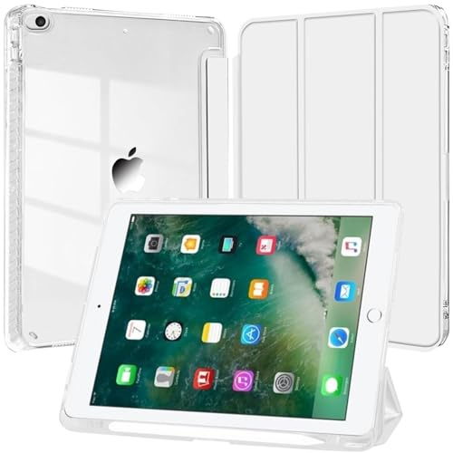 Coque pour iPad 9,7 Pouces (6ème/5ème Génération, 2018/2017) avec Porte Pencil et Bumper en TPU Souple, Étui Housse Arrière Clair Transparente Fine Antichoc, Veille/Réveil Automatique