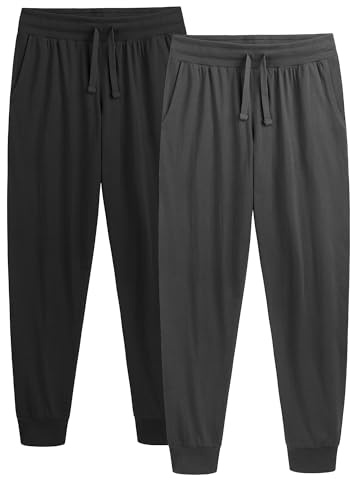 The Essentials Wardrobe Men’s Lounge Pants 2 Pack 100% Cotton Jersey Soft Breathable Nightwear Bottoms with Ribbed Elasticated Leg Cuff Drawcords Side Pockets Pyjamas Trousers Sizes S-2XL