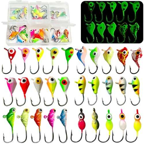 Kit di 30 esche da pesca sul ghiaccio Glow Ice Fishing Lure Set di cucchiai da pesca per Crappie Sunfish Persico Panfish Walleye Luccio Pesca invernale Jigging con scatola portaoggetti