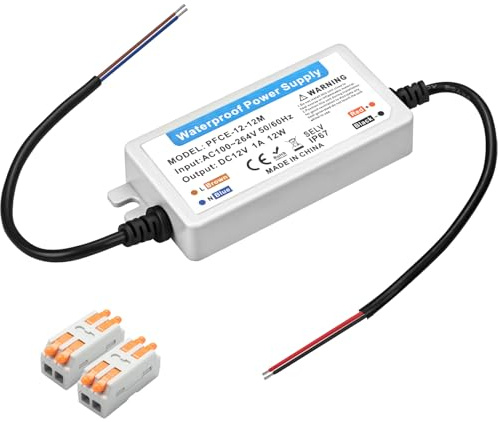 Muzveik LED Trafo 12V 12W 1A, Wasserdicht IP67 Transformator 230V auf 12V, Ultra Flacher LED Treiber mit 2 Steckverbindern für LED Streifen und Spots Außen