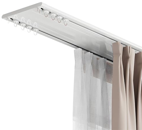Tringle à Rideaux au Plafond à Rails à Double Rangée, 1-6m Rails Rideaux Double en Aluminium Résistant, Rails de Rideaux Silencieuse avec Poulies et Vis de Montage(White,2.8m(9.2ft))