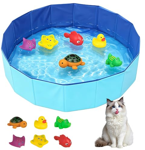 Katzen Pool 50x10cm, Faltbare Katzenpool mit 6 Fischen, Tragbares Katzen Hundepool, Mini Pool für Katzen&Hunde, Pool Spielzeug Wasserspielzeug für Kleine Hunde und Kätzchen Sommer