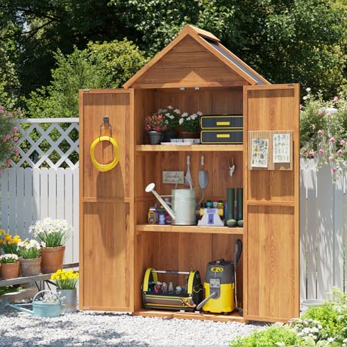 Aoxun Geräteschuppen Holz 73x39x169cm mit Regalen | giebelförmiges Gartenhaus mit Asphaltdach & Doppeltüren, wetterfester Gartenschrank outdoor für Balkon Terrasse Hinterhof