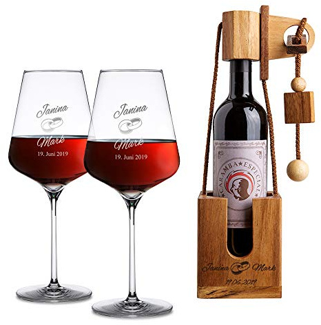 Casa Vivente Set avec Casse-tête Puzzle Bouteille en Bois Foncé et 2 Verres à Vin, Gravure Personnalisée, Anneaux, 2 Prénoms et 1 Date, Volume 500 ML