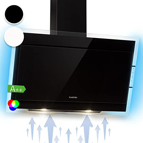 Klarstein Mirage 90 - Cappa aspirante a parete, senza testa, 90 cm, 550 m³/h, classe di efficienza energetica A++, pannello touch, Eco-Excellence, luce d'atmosfera RGB, vetro nero
