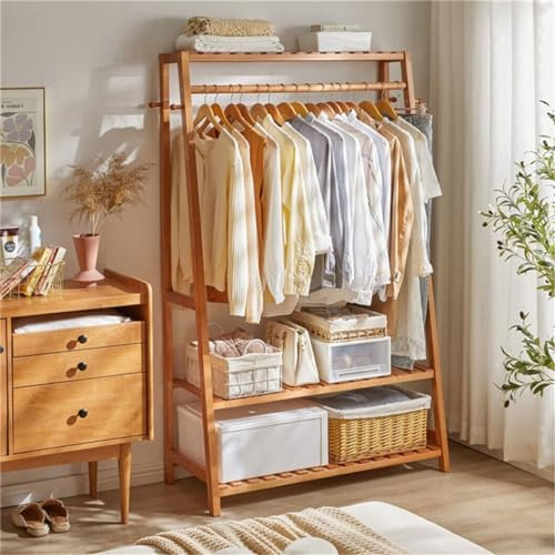 unho Bamboo Clothes Rail Rack: Free Standing Garment Rack with 3 Storage Shelves 10 Hooks Portable Open Wardrobe Clothing Storage Organizer for Clothes Shoes Hats Bags in Entryway Bedroom Living Room