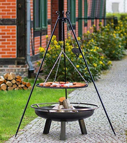 BlackOrange Feuerschale Saturn Ø 80 cm mit Schwenkgrill 180 cm Höhe und angeschweißter Kurbel sowie Grillrost aus Stahl Ø 80 cm