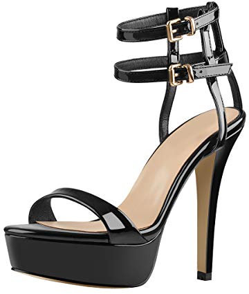 MissHeel Damen Lack Sandaletten Plateau Offene Zehenpartie Stiletto Absatz Sandalen mit Knöchelriemchen Lack Schwarz 38 EU