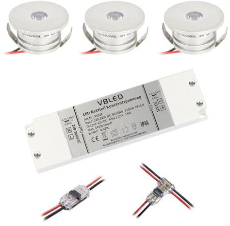 VBLED© 3er Set 3W Mini-Einbauspot Einbaustrahler warmweiß 12V DC, Inkl. LED Trafo und Verbinder [Energieklasse A+]